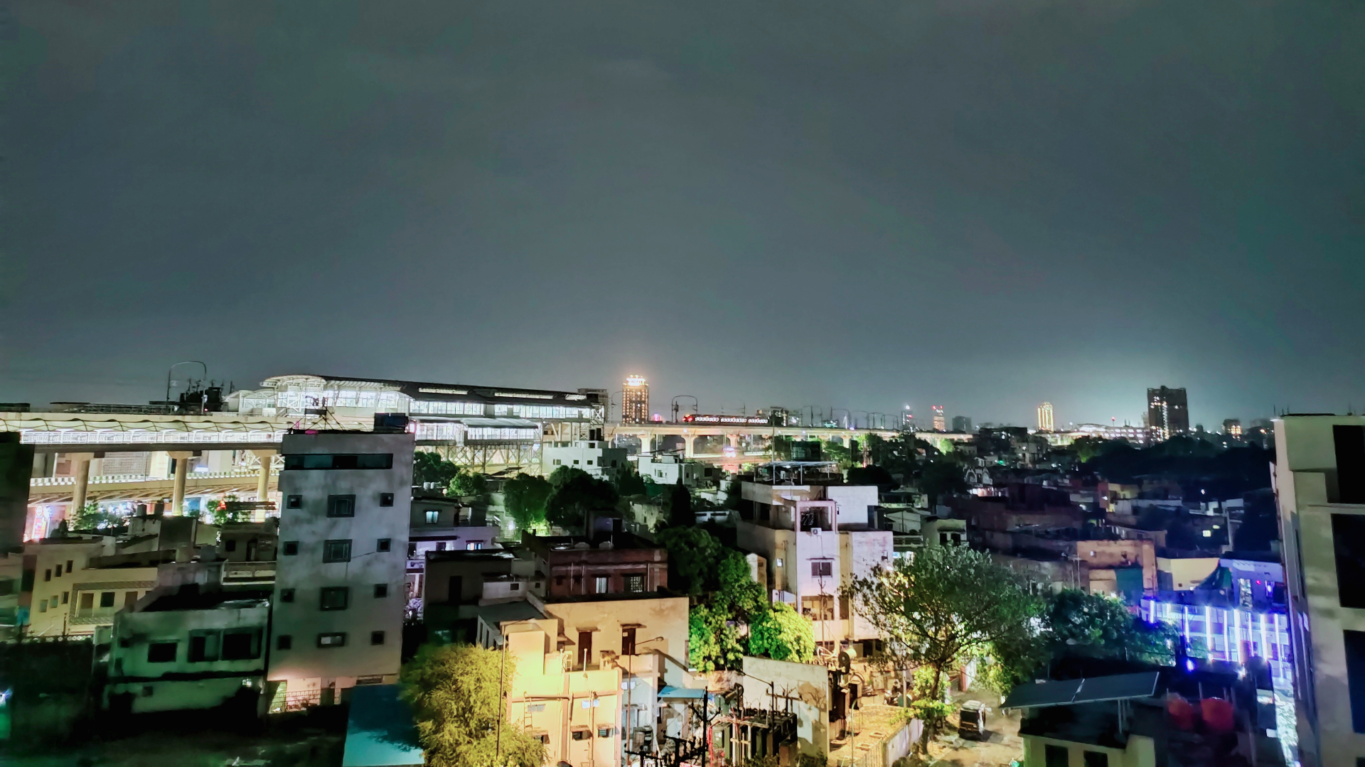 Nagpur skyline at night with metro line and city lights