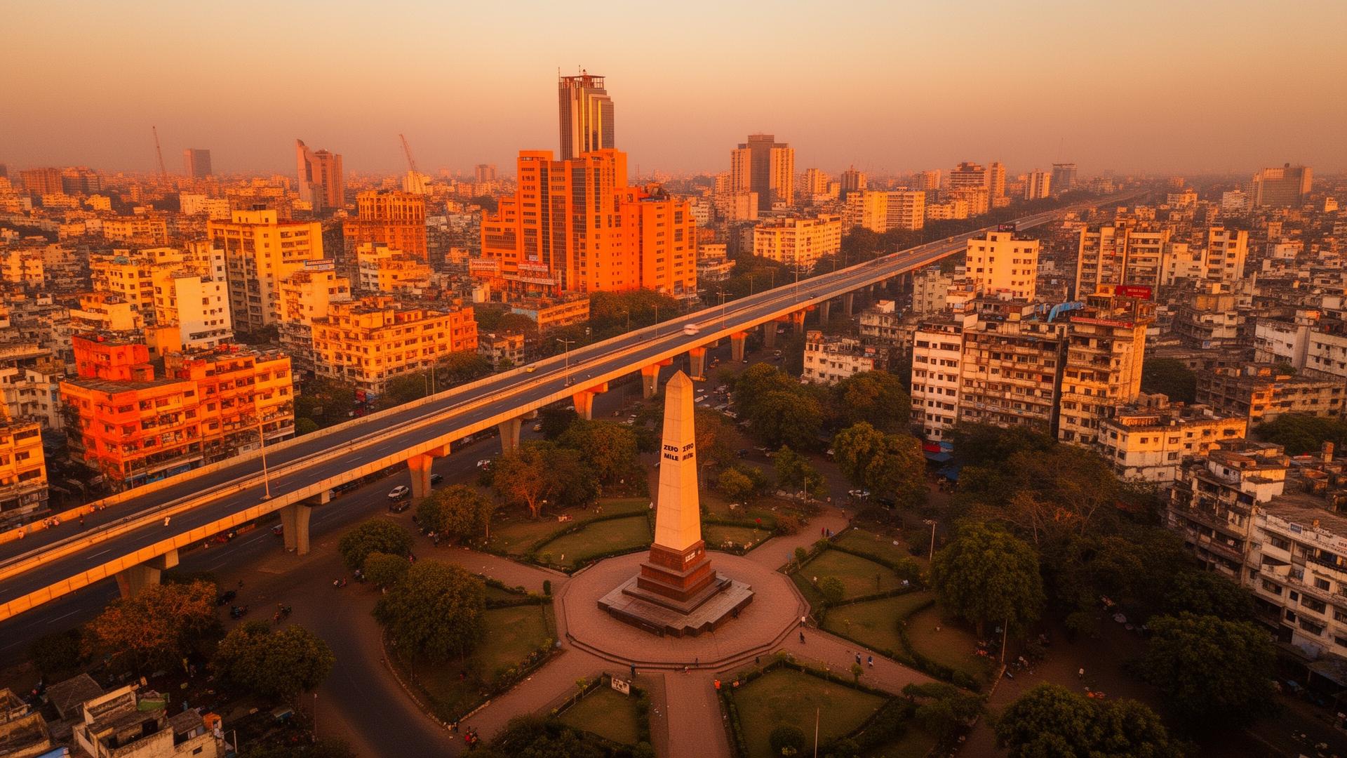 Nagpur skyline at golden hour with Zero Mile monument and the elevated metro viaduct