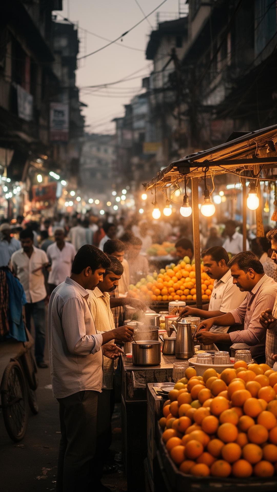 An evening street scene in a Nagpur market with orange vendors and a chai stall